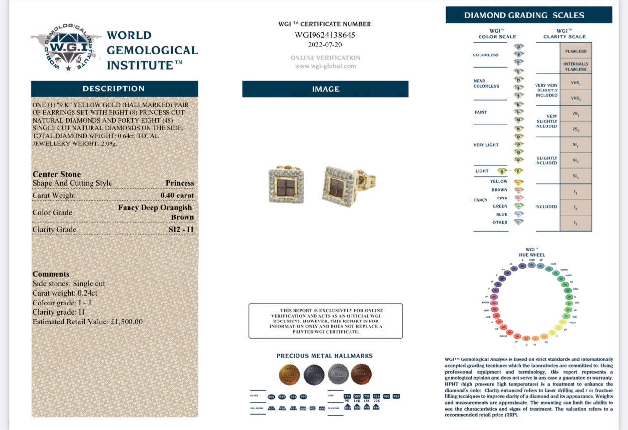 9k yellow Gold 0.64ct Natural Diamond cluster Earrings certified