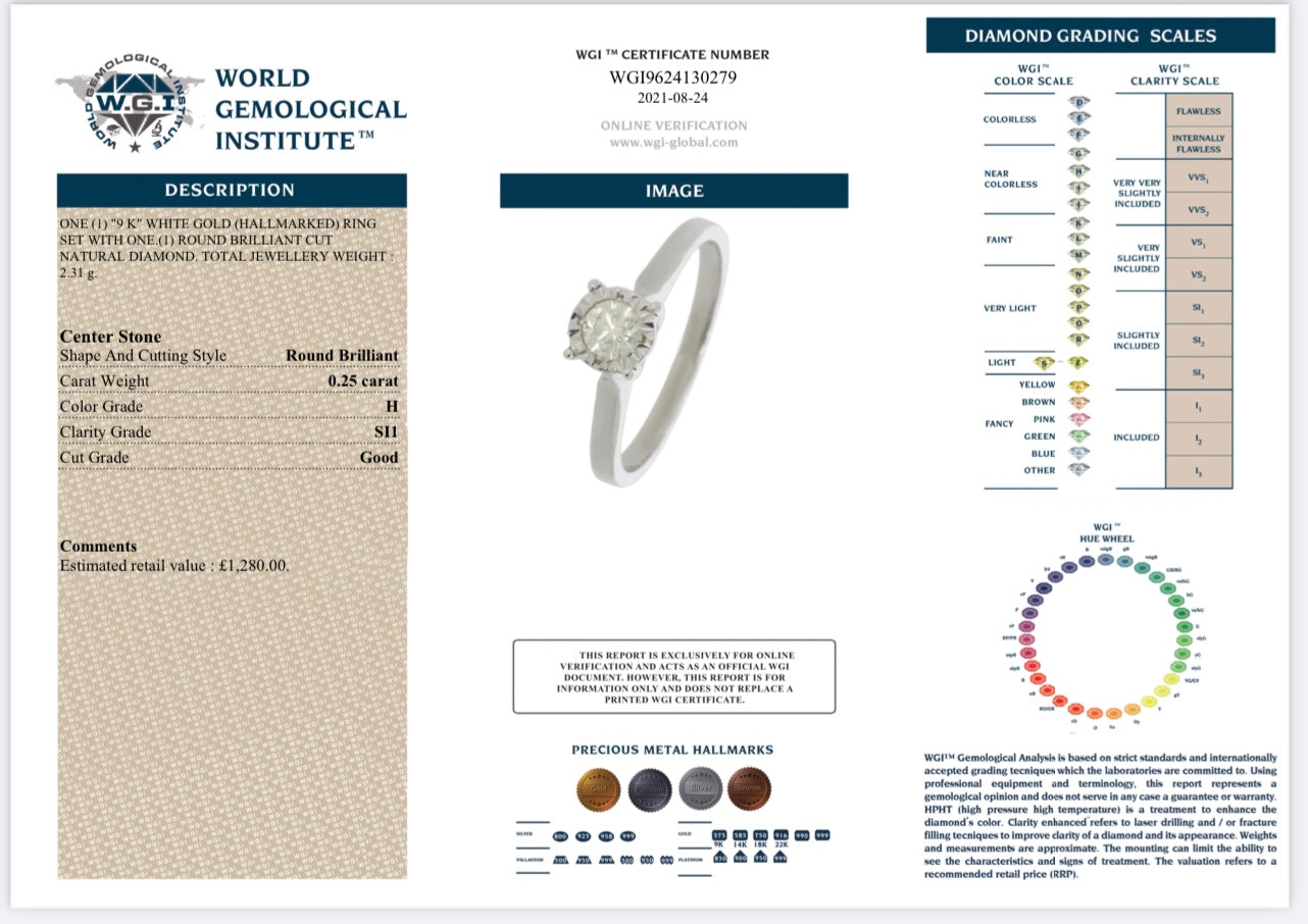 9k White Gold 0.25ct Illusion Set Natural Round Cut Diamond Solitaire Ring certified