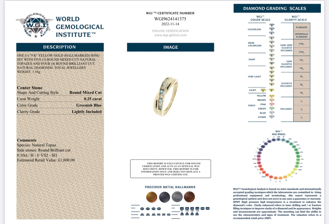 9k Yellow Gold Natural Diamond And Topaz Half Eternity Ring certified