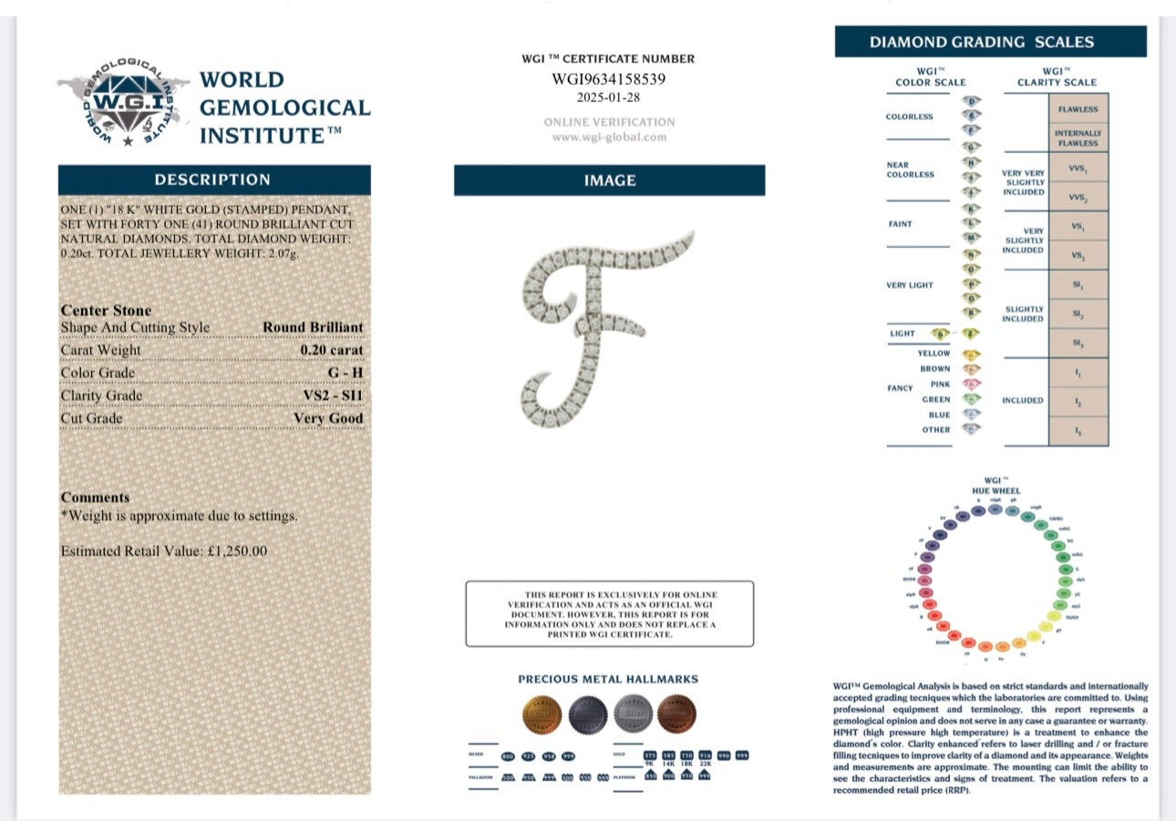 18k White Gold Natural Diamond F Pendant certified
