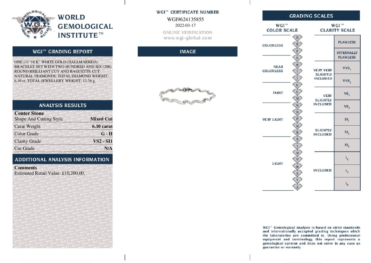 18k White Gold 6.10 Ct Natural Round Cut And Baguette Cut Diamond Bracelet Certified