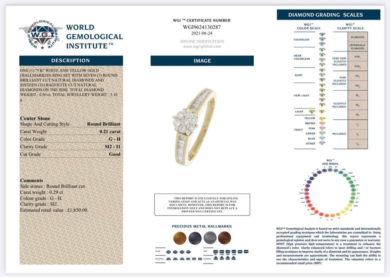 9k Yellow Gold 0.50ct Natural Diamond Cluster Ring certified