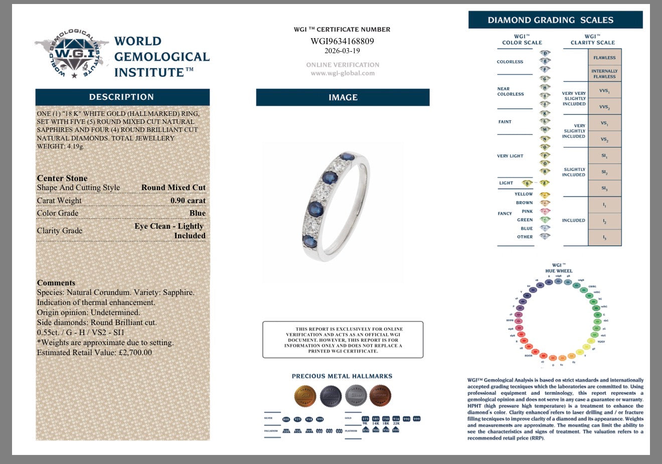 18k gold 0.55ct natural diamond and sapphire half eternity ring certified