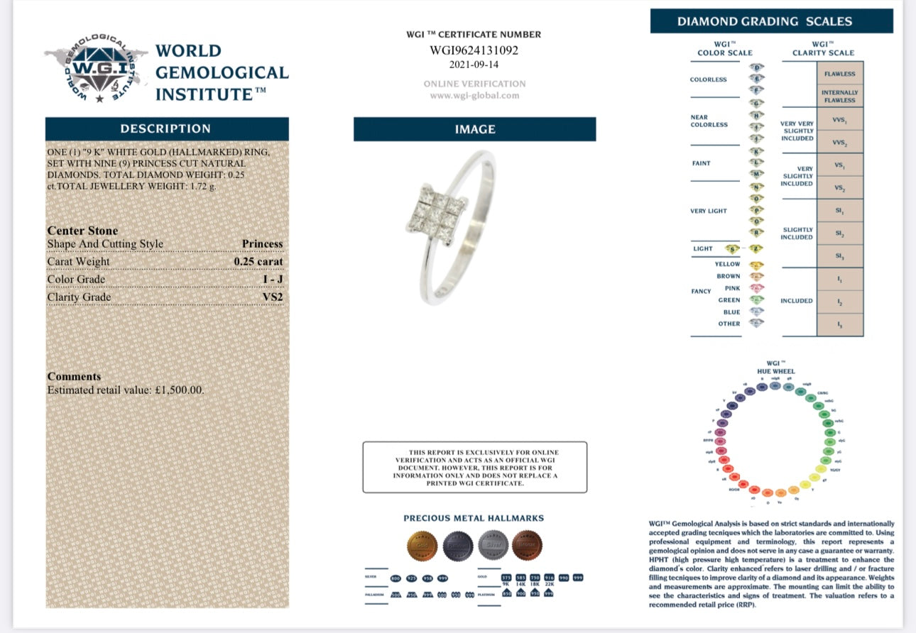 9k White Gold 0.25ct Natural Princess Cut Diamond Cluster Ring certified