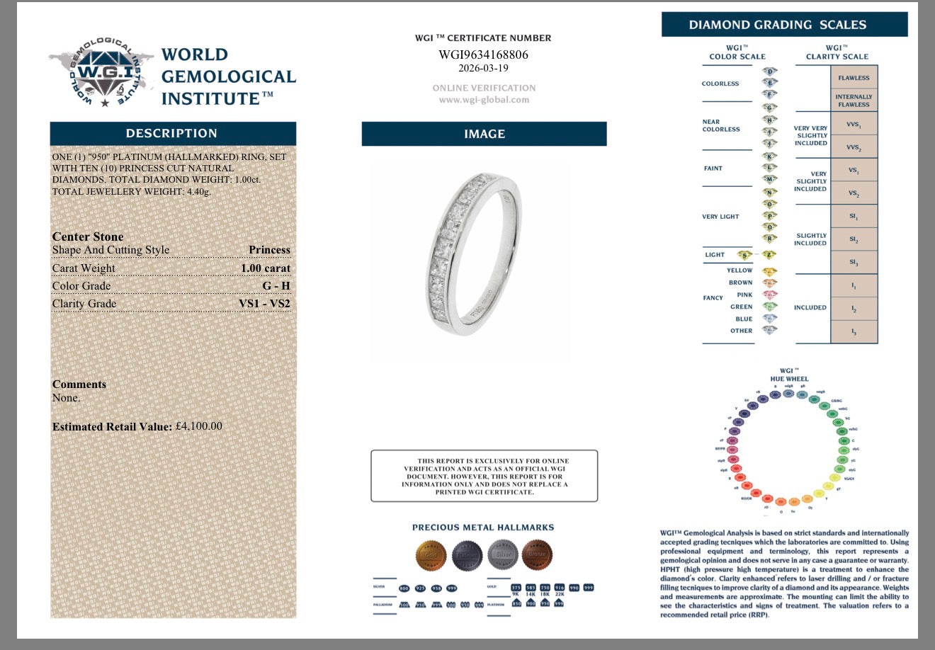 Platinum 1.00ct Natural Princess Cut Diamond Half Eternity Ring Certified