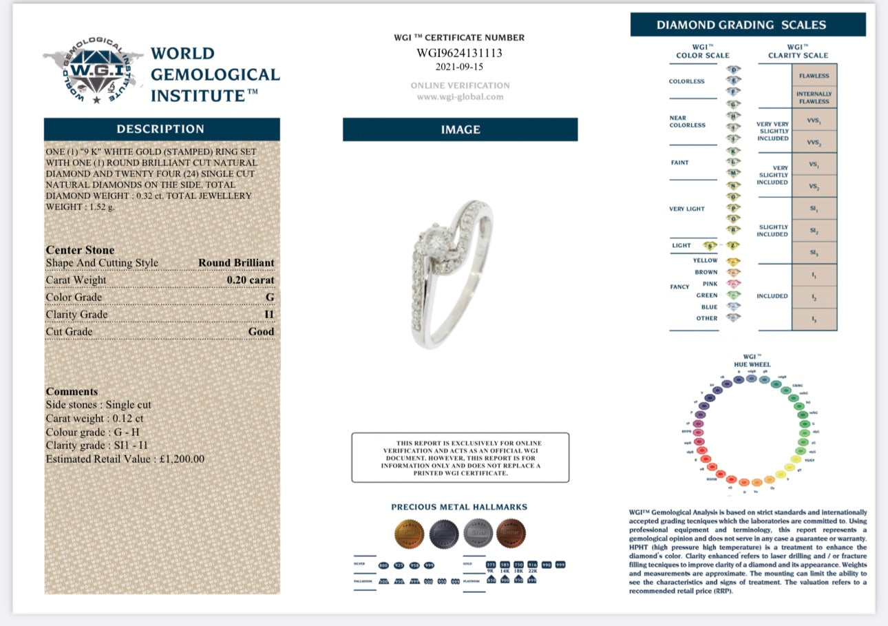 9k White Gold 0.32ct Natural Round Cut Diamond Ring certified