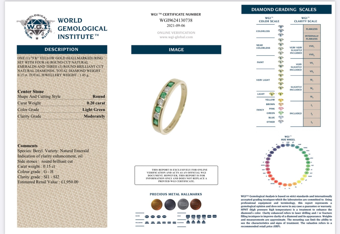 9k Yellow Gold Natural Emerald And Natural Diamond Half Eternity Ring certified