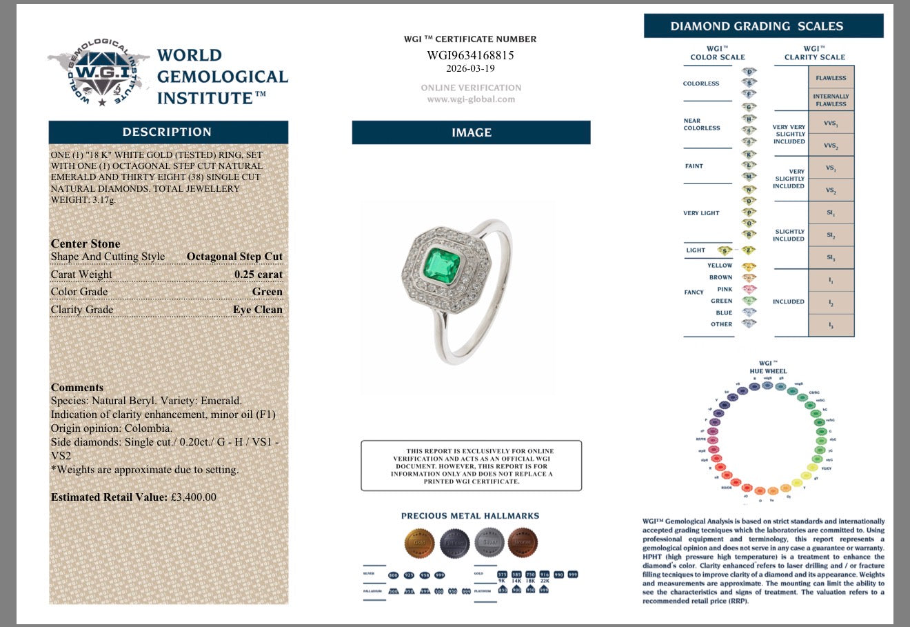 18K White Gold Natural Diamond & Natural Emerald Ring Certified
