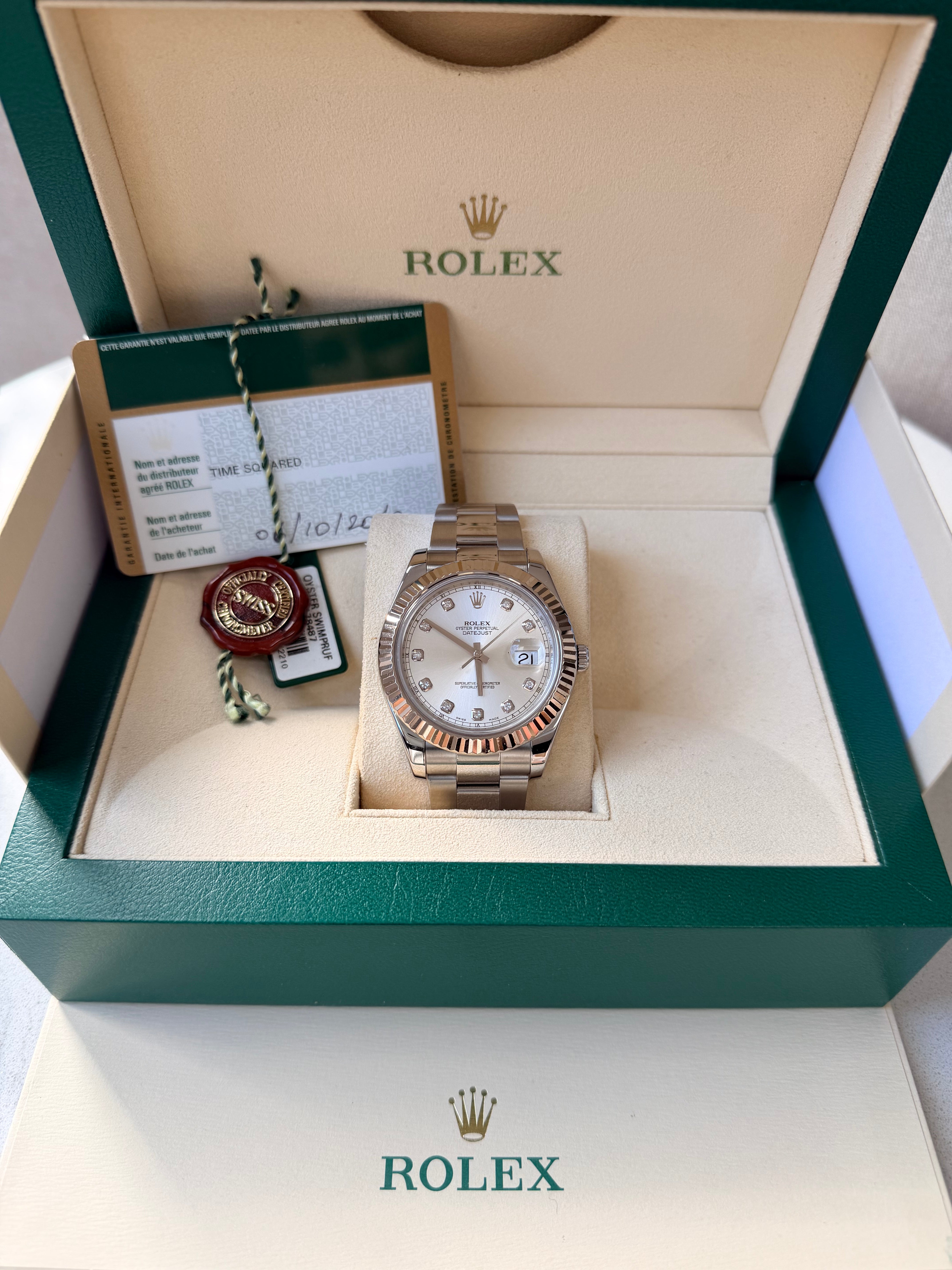 Rolex Date just II stainless steel factory diamond dot dial 116334 complete with box and papers 2010 on hold