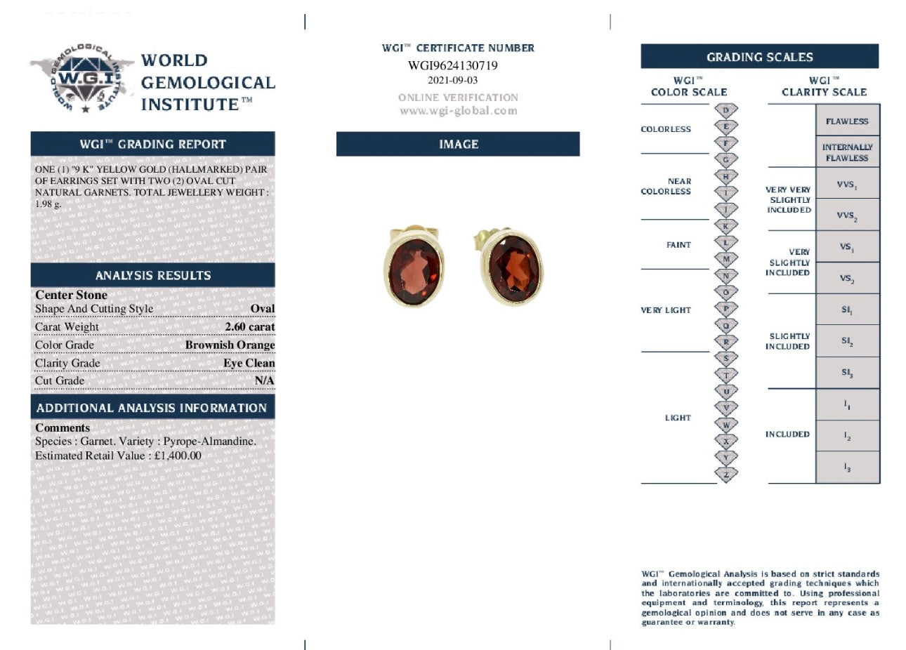 9k Yellow Gold 2.60 Ct Oval Cut Natural Garnet Earrings certified