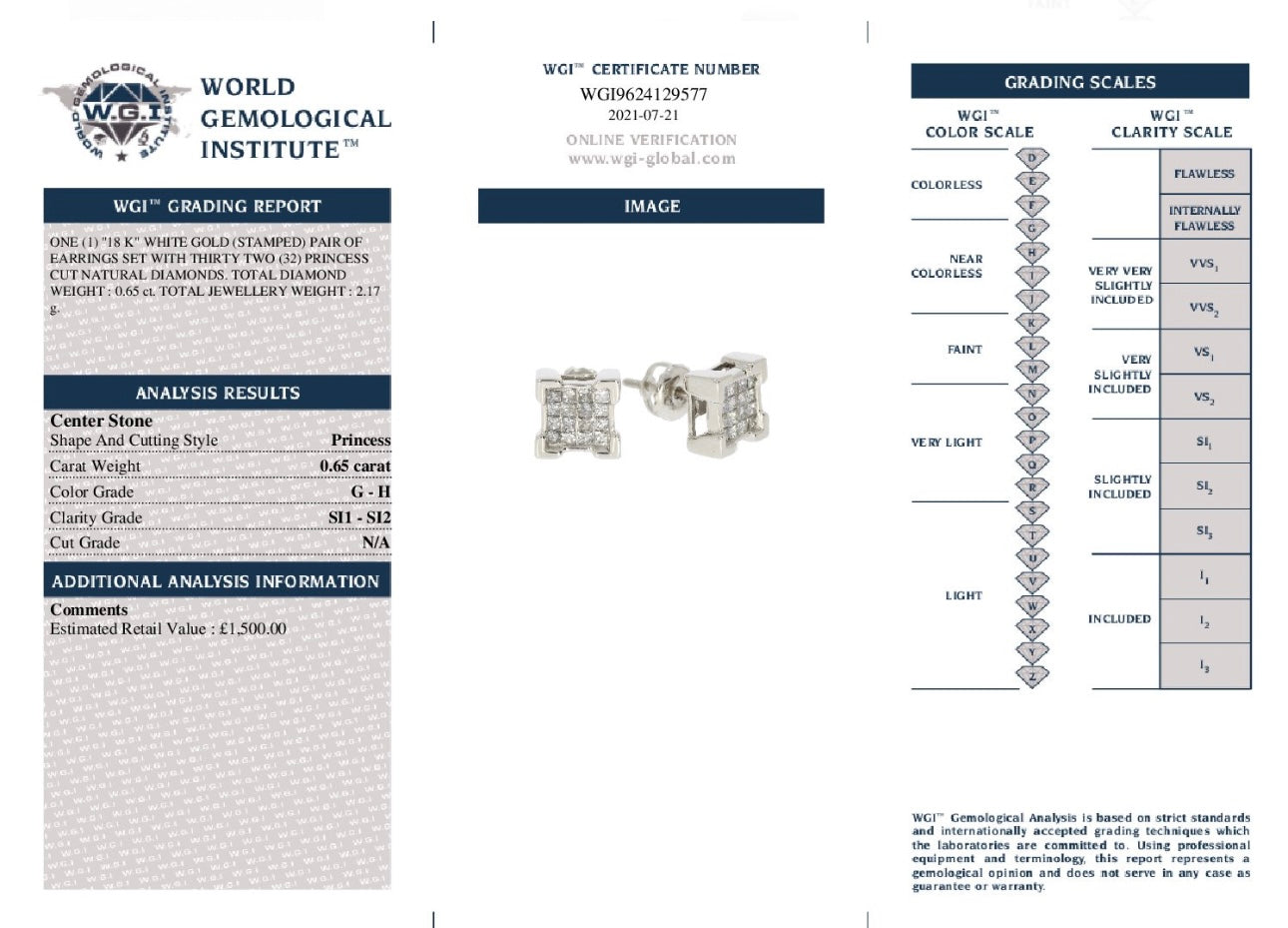 18k White Gold 0.65Ct Princess Cut Natural Diamond Earrings certified