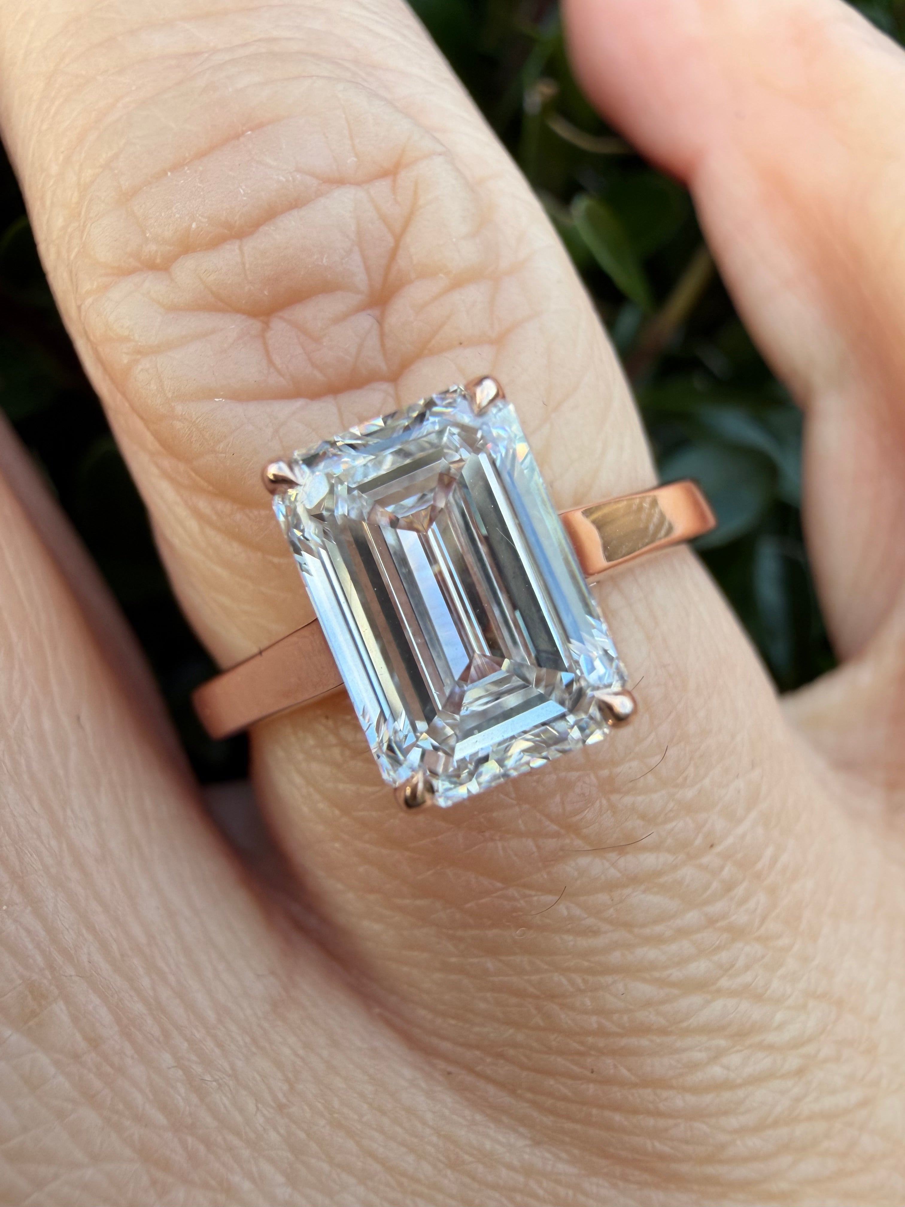 2.12ct emerald cut Lab Grown Diamond Solitaire Ring IGI Certified set in 9k rose gold