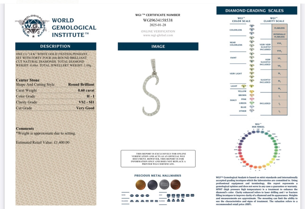 14k White Gold 0.60ct Natural Diamond S Pendant certified