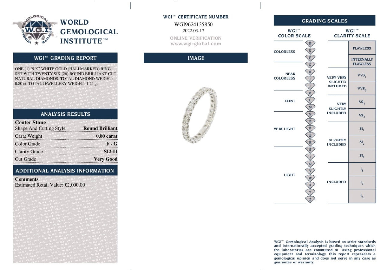 9k White Gold 0.80ct Natural Round Cut Diamond Full Eternity Ring certified