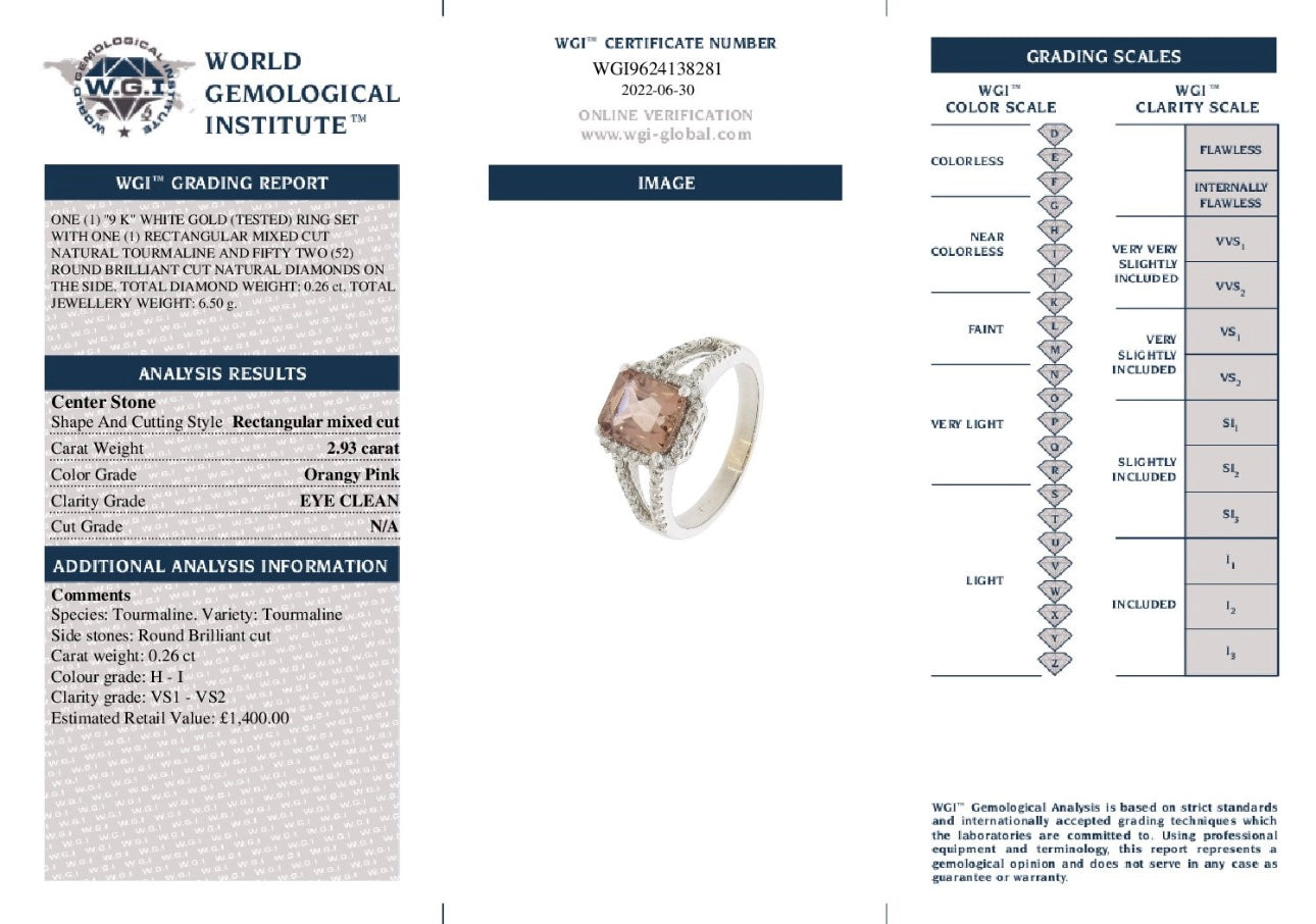 9k White Gold Natural Tourmaline And Natural Diamond Ring certified