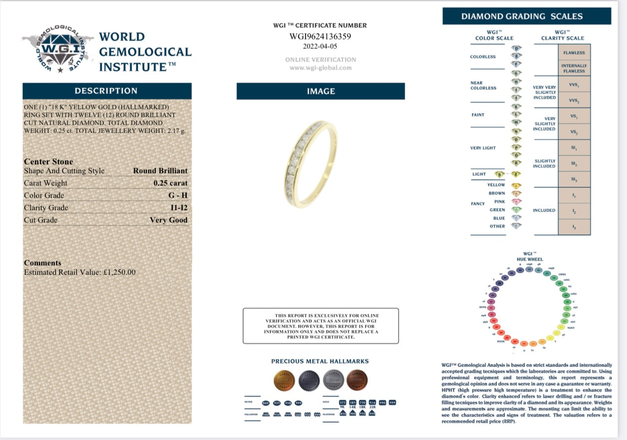 18k yellow Gold 0.25ct Round Brilliant Cut Natural Diamond Half Eternity Ring certified