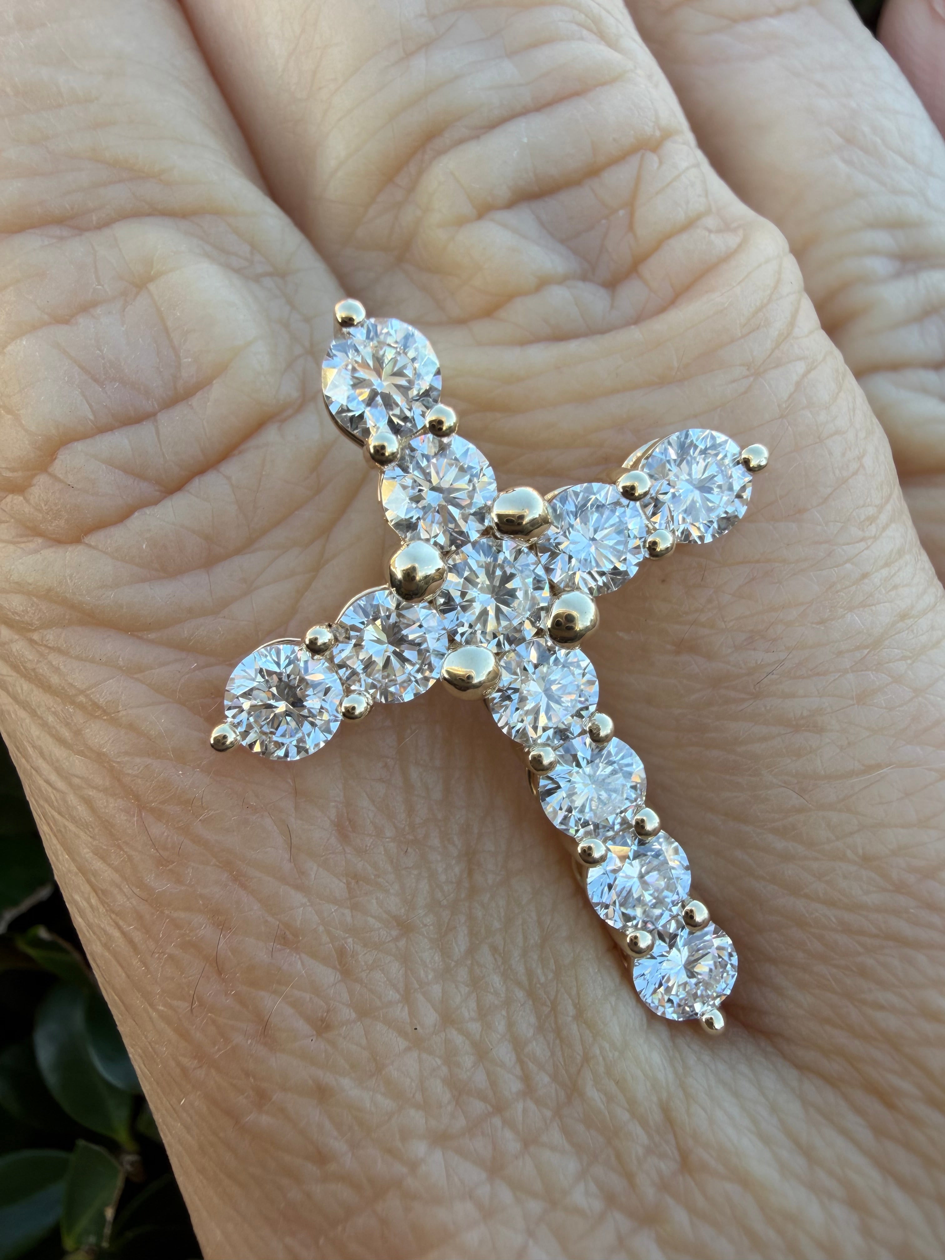 2.43ct round cut lab grown diamond Cross Pendant 9k yellow Gold IGI certified