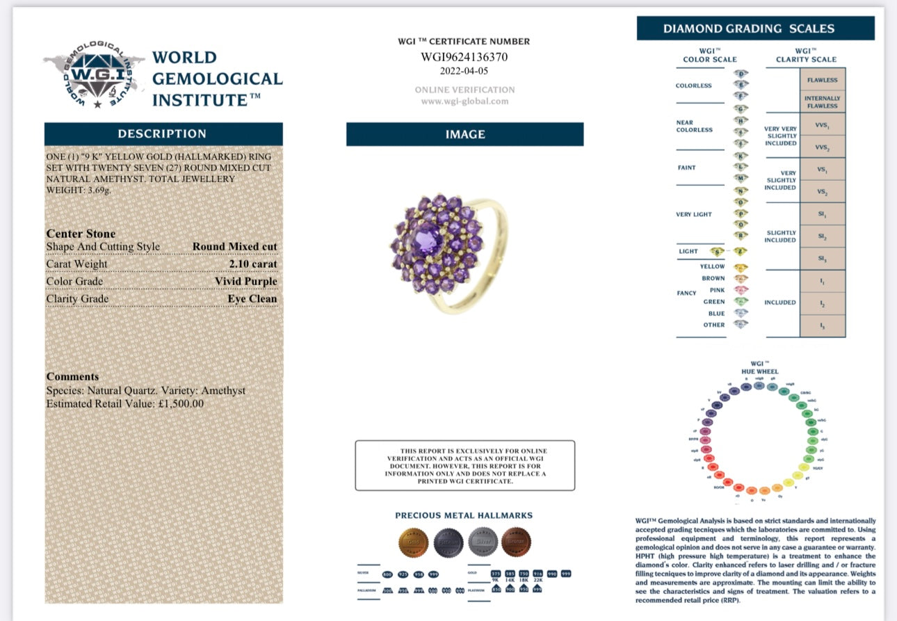 9k Gold 2.10ct Natural Amethyst Cluster Ring Certified