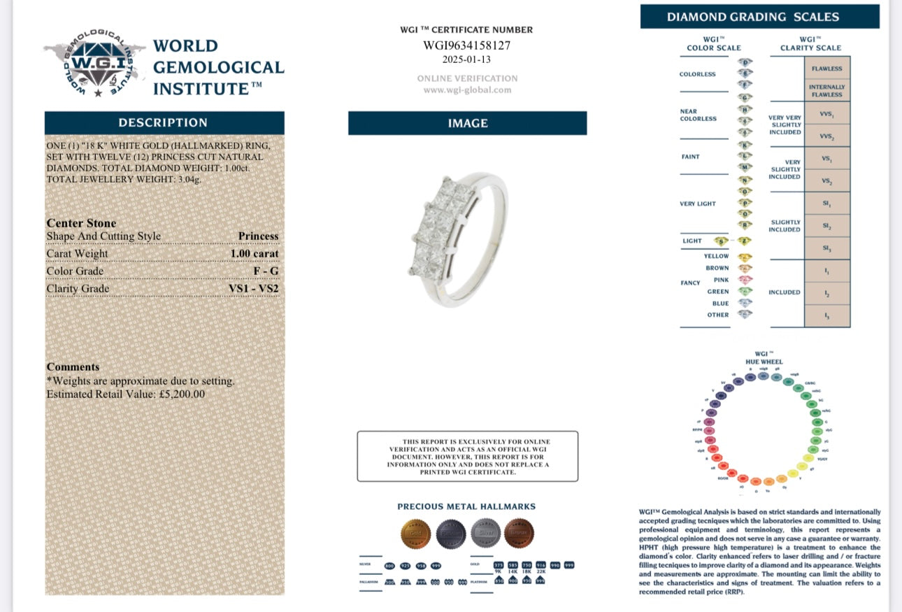 18k White Gold 1.00ct Natural Princess Cut Diamond Cluster Ring certified