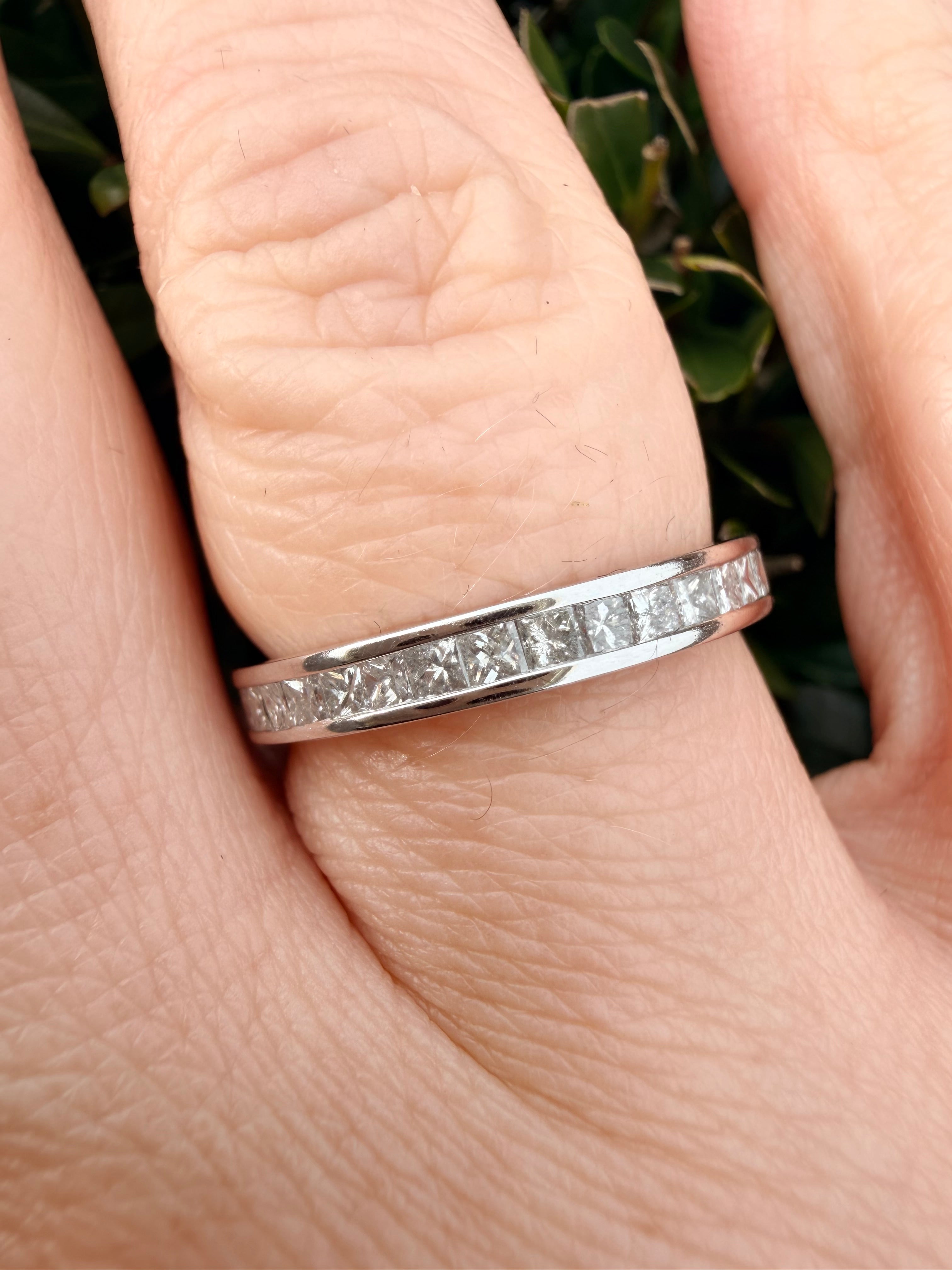 9k White Gold 1.20ct natural Princess Cut diamond full eternity ring certified