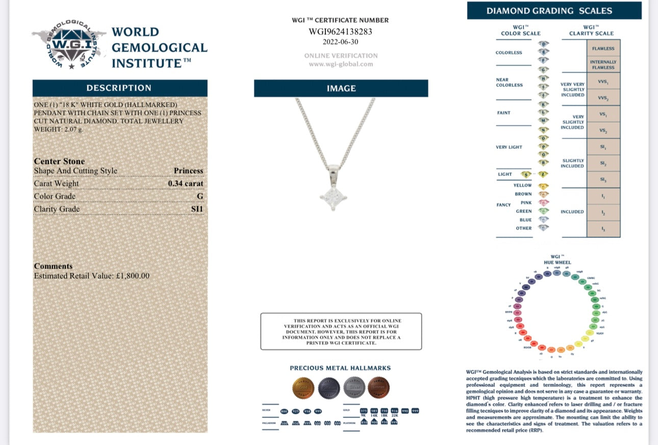 18k White Gold 0.34Ct Natural Princess Cut Diamond Solitaire Pendant And Chain Set certified