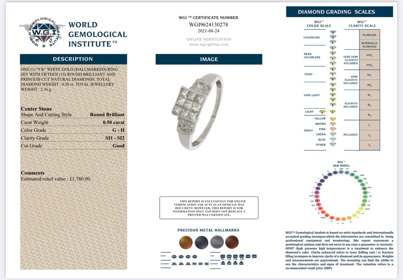 9k White Gold 0.50ct Natural Diamond Cluster Ring certified