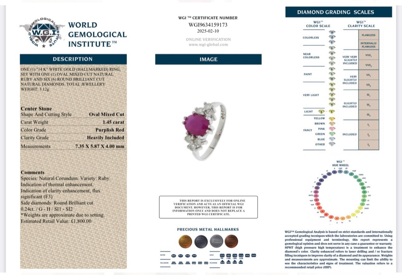 14k White Gold Natural Ruby And Natural Diamond Ring certified