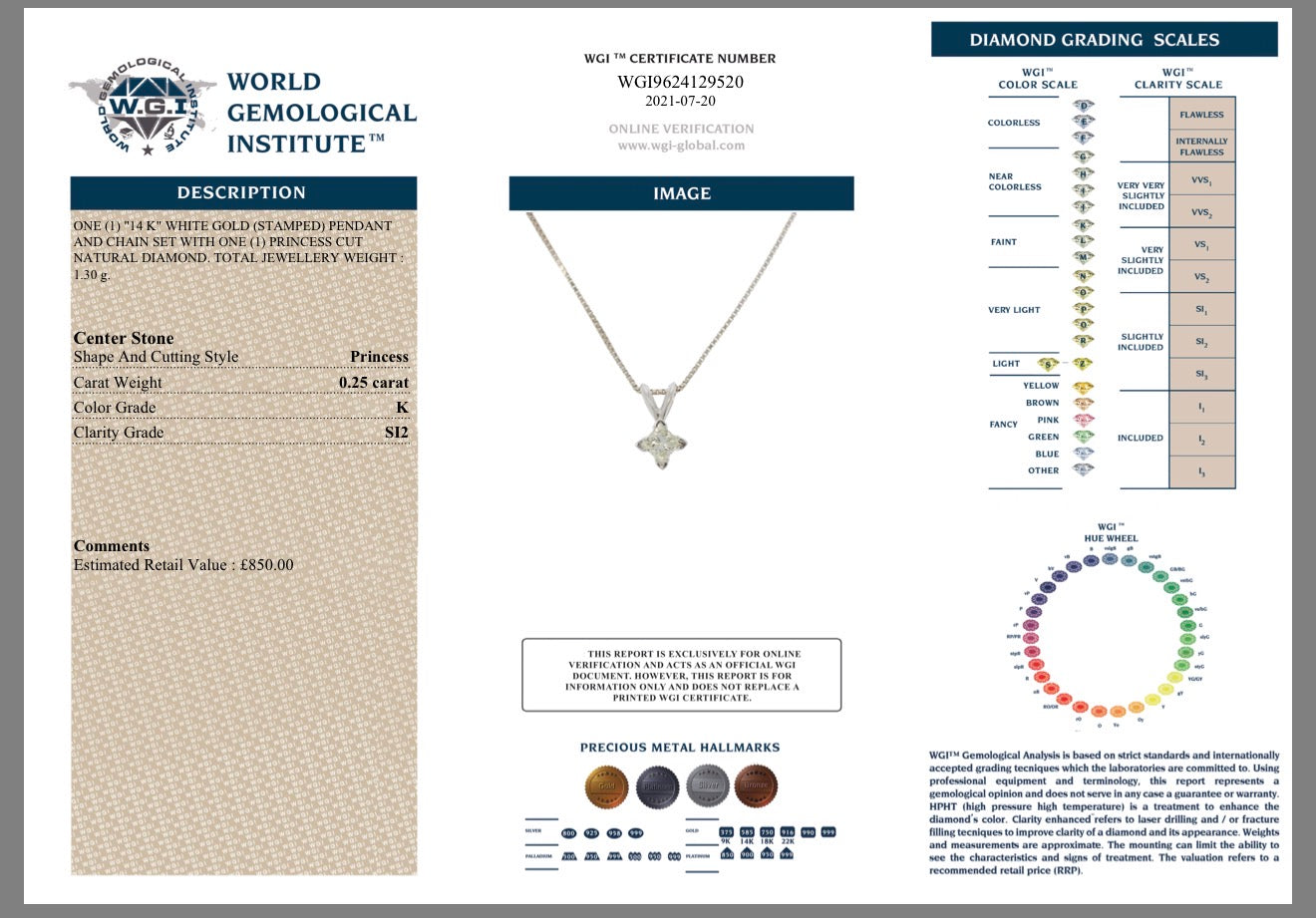 14k White Gold 0.25ct Natural Princess Cut Diamond Solitaire Pendant And Chain Set certified