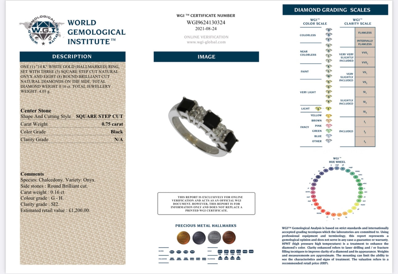 14k White Gold Natural Onyx And Natural Diamond Boat Ring certified