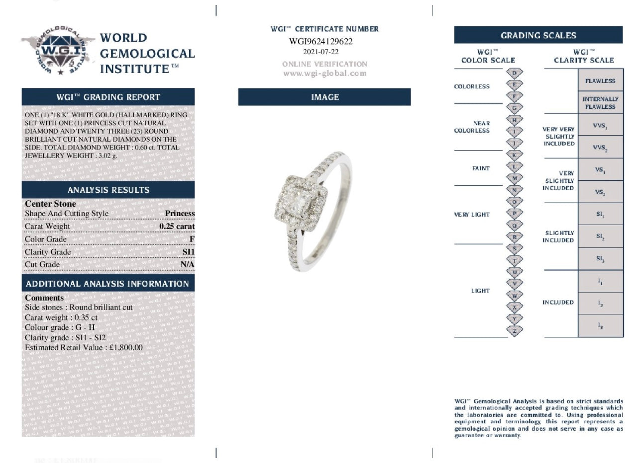 18k White Gold 0.60ct Princess cut Natural Diamond Halo Ring certified