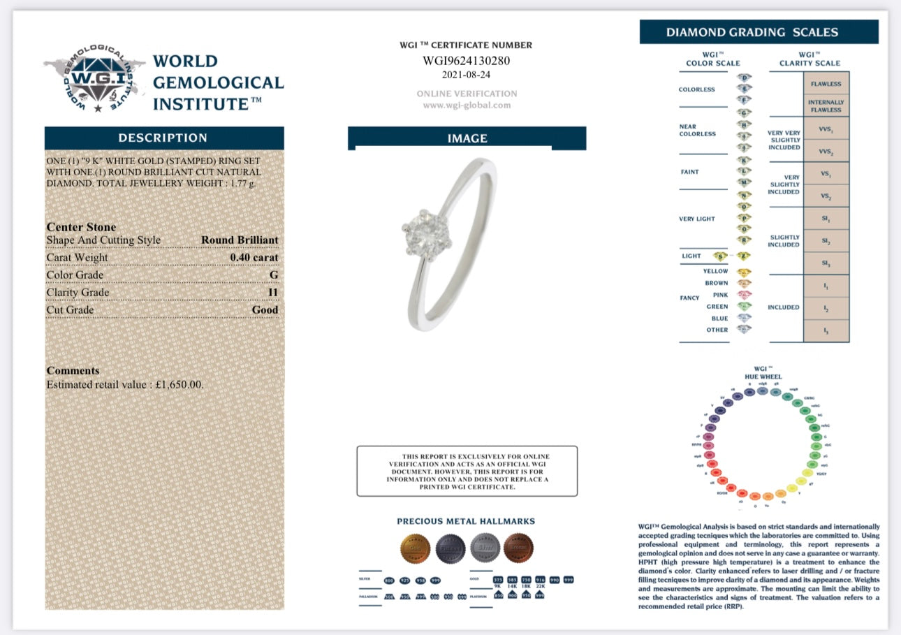 9k White Gold 0.40ct Natural Round Cut Diamond Solitaire Ring certified