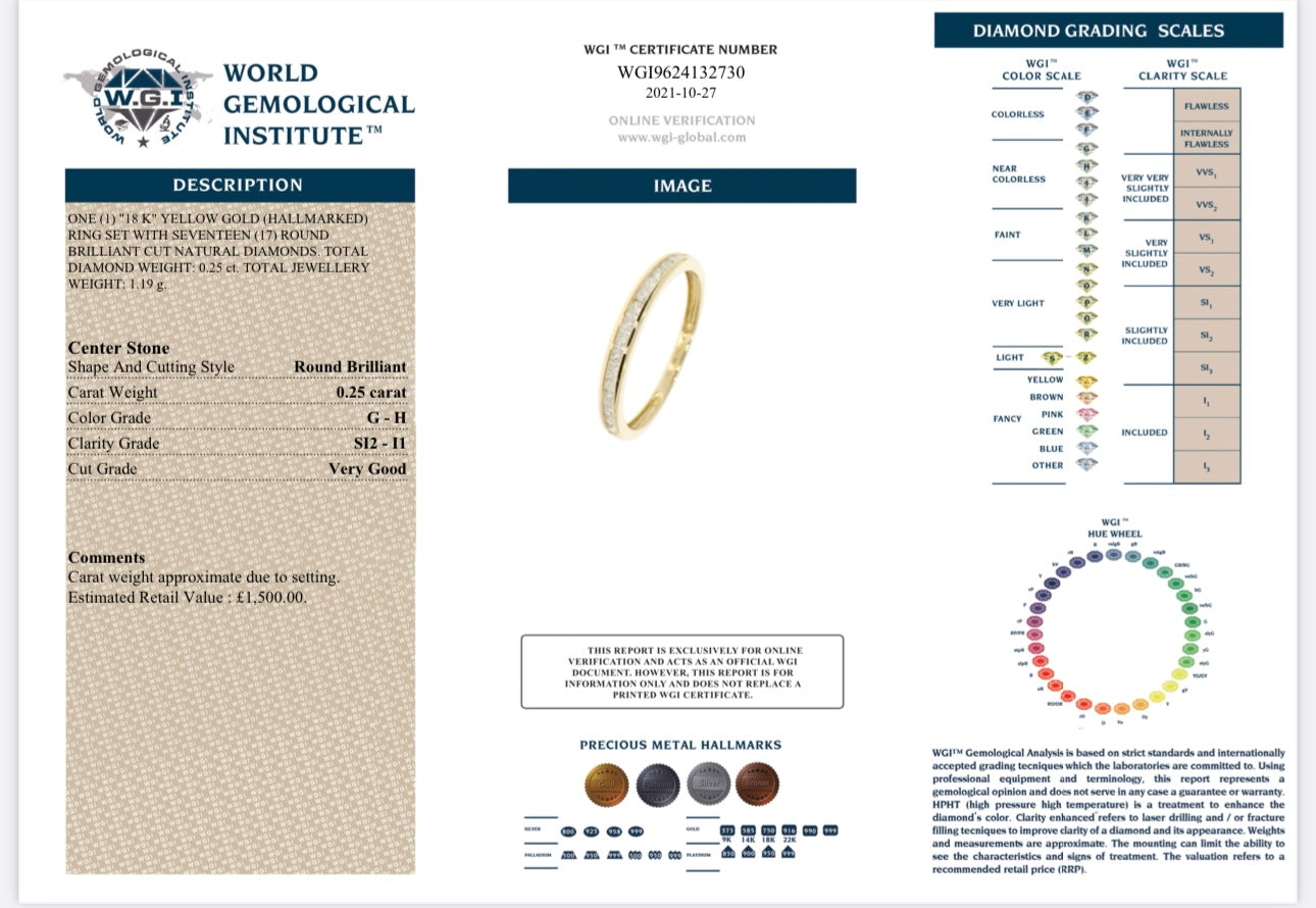 18k yellow Gold 0.25ct Round Brilliant Cut Natural Diamond Half Eternity Ring certified