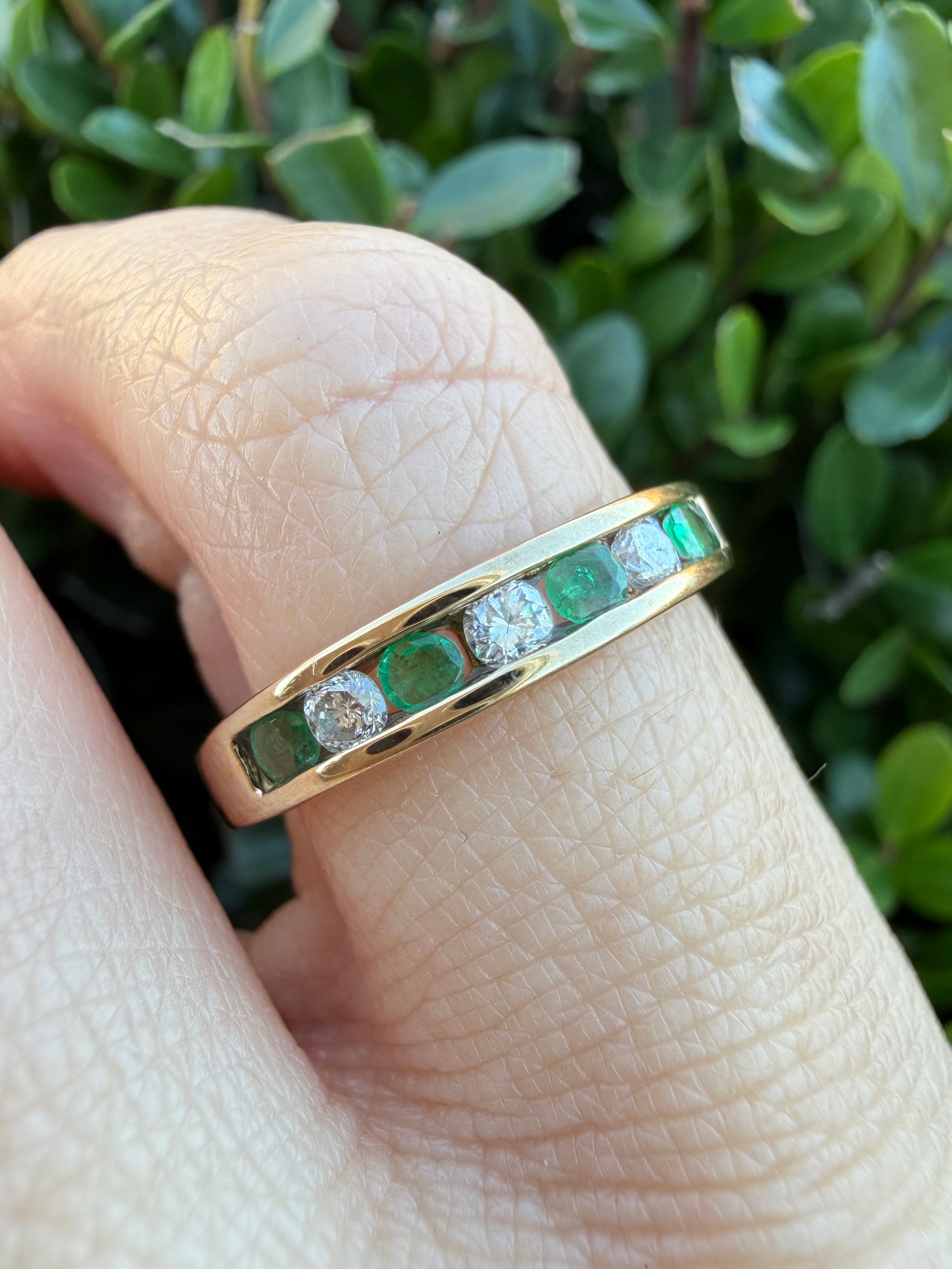 9k Yellow Gold Natural Emerald And Natural Diamond Half Eternity Ring certified