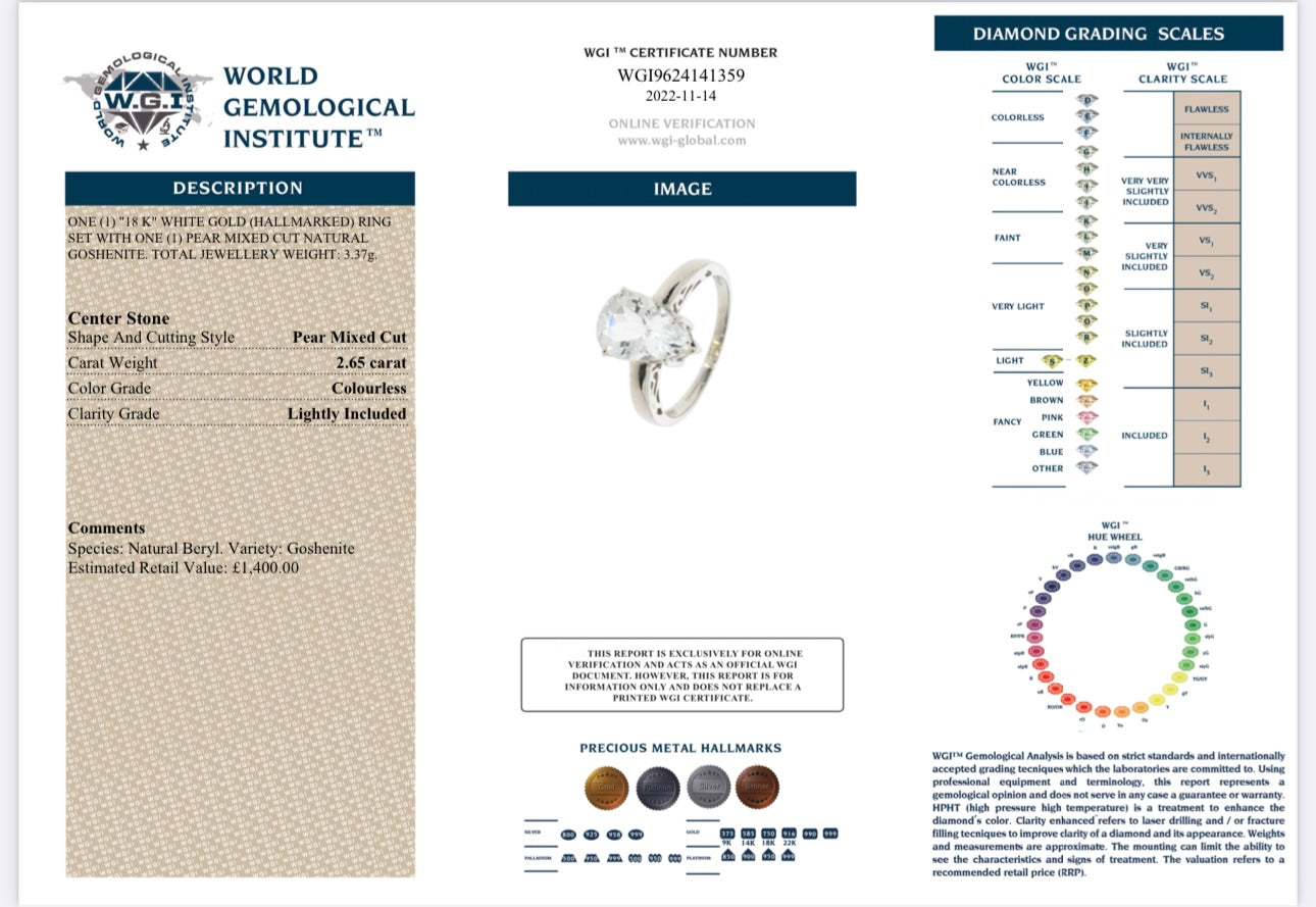 18K White Gold 2.65ct Natural Goshenite Solitaire Ring certified