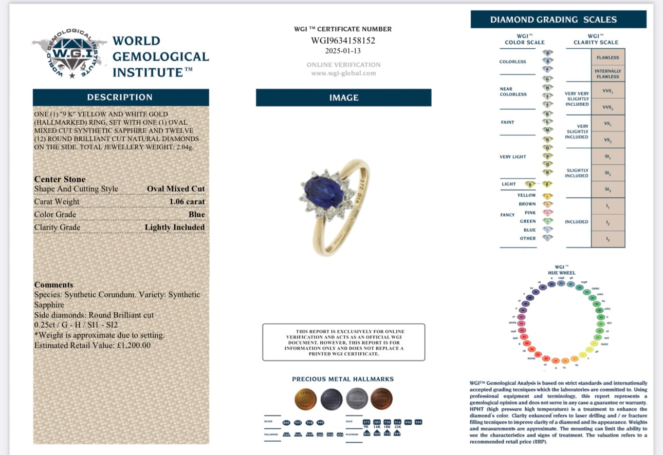 9k Yellow Gold Sapphire And Natural Diamond Ring certified