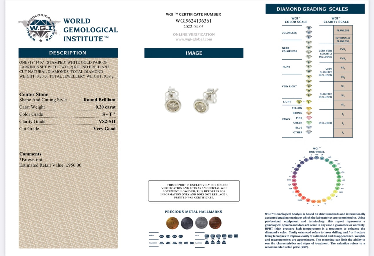14k White Gold 0.20ct Natural Round Cut Diamond Solitaire Earrings certified