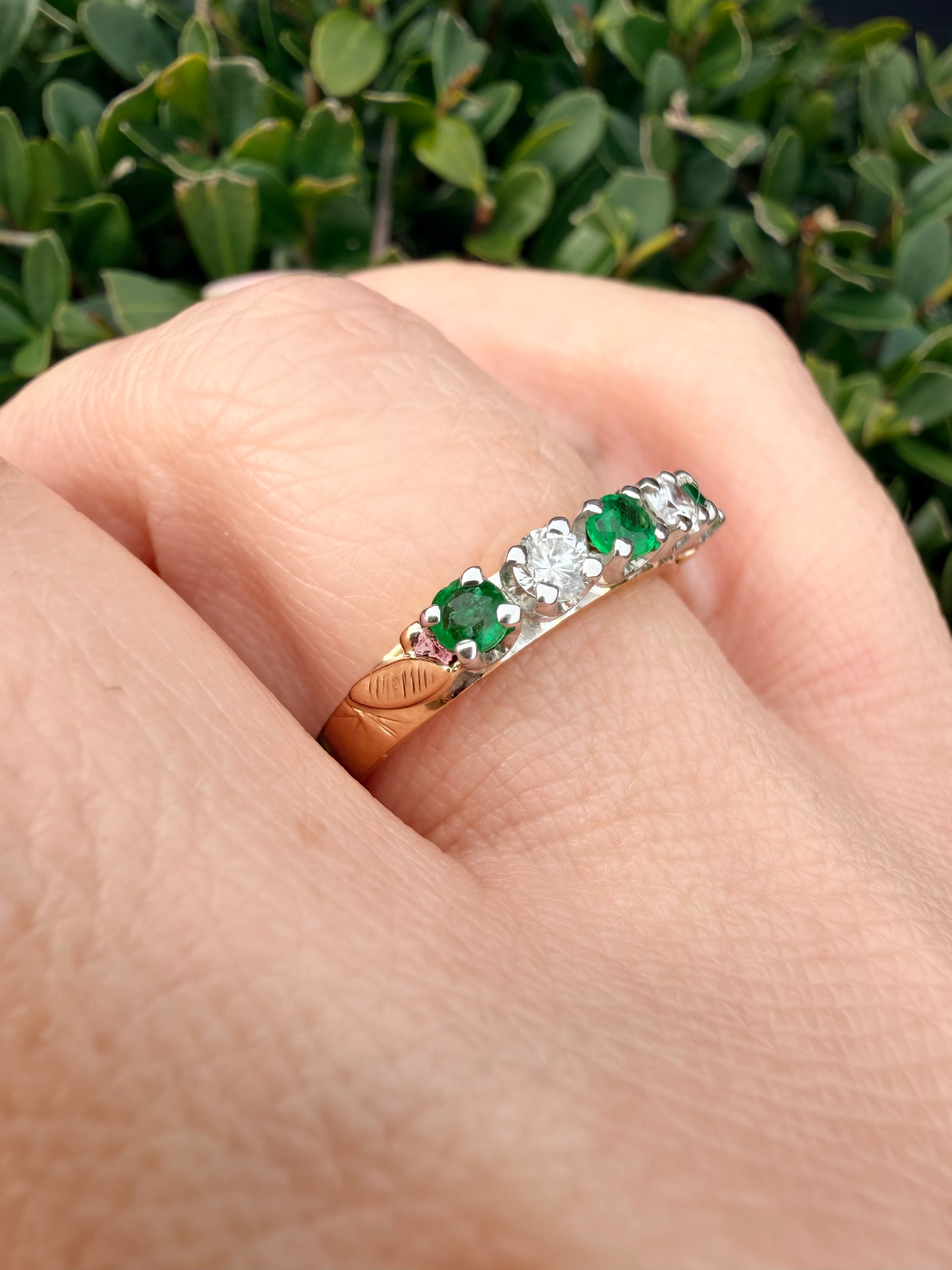 18K Yellow Gold Natural Diamond & Zambian Emerald Half Eternity Ring Certified