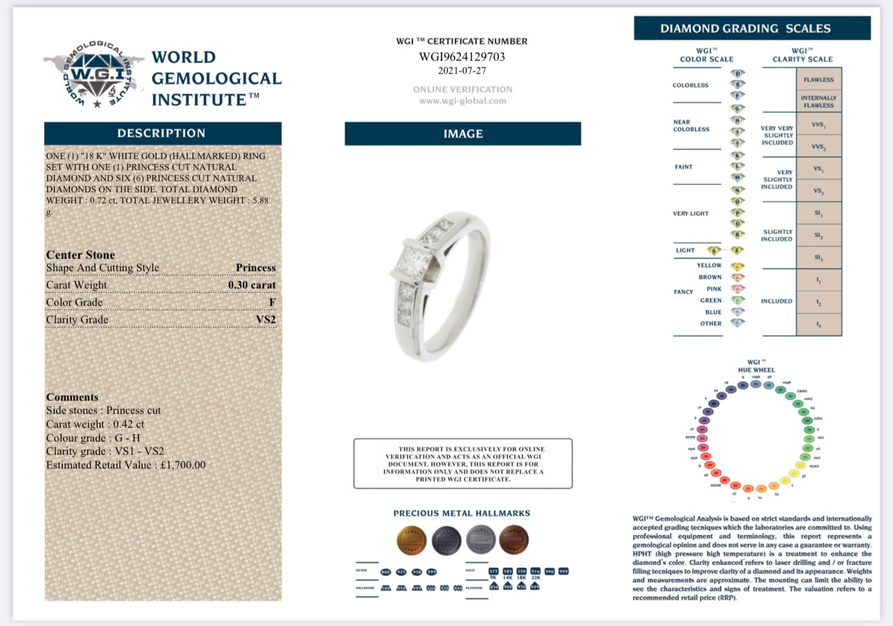 18k White Gold 0.72Ct Princess Cut Natural Diamond Ring certified