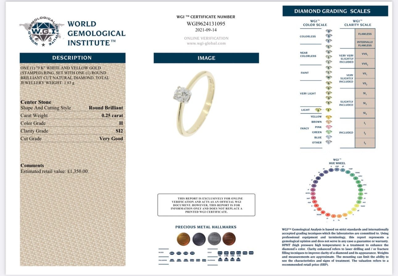 9k Yellow Gold 0.25ct Natural Round Cut Diamond Solitaire Ring certified