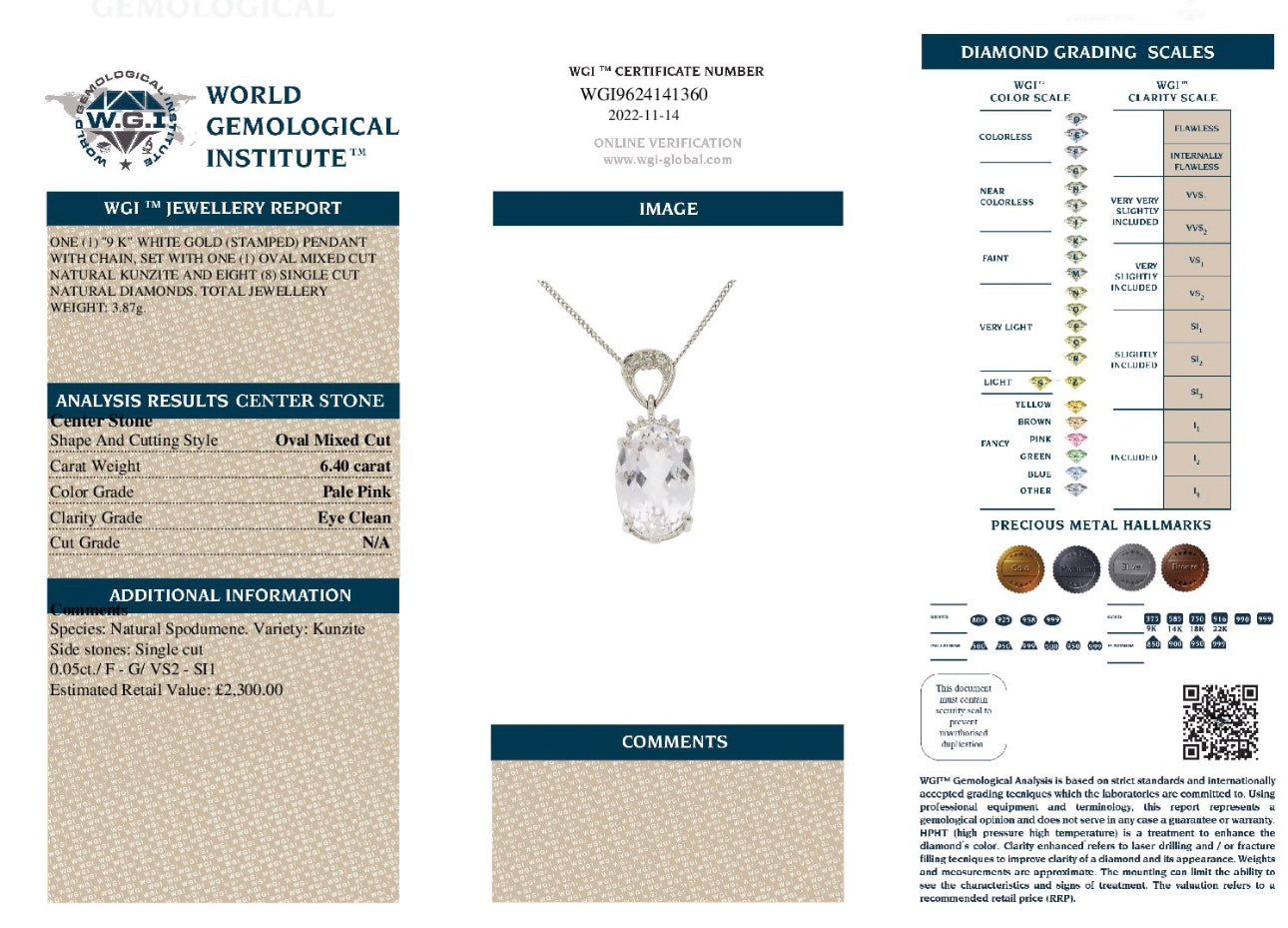 9k White Gold Natural Kunzite And Natural Diamond Pendant And Chain Set certified