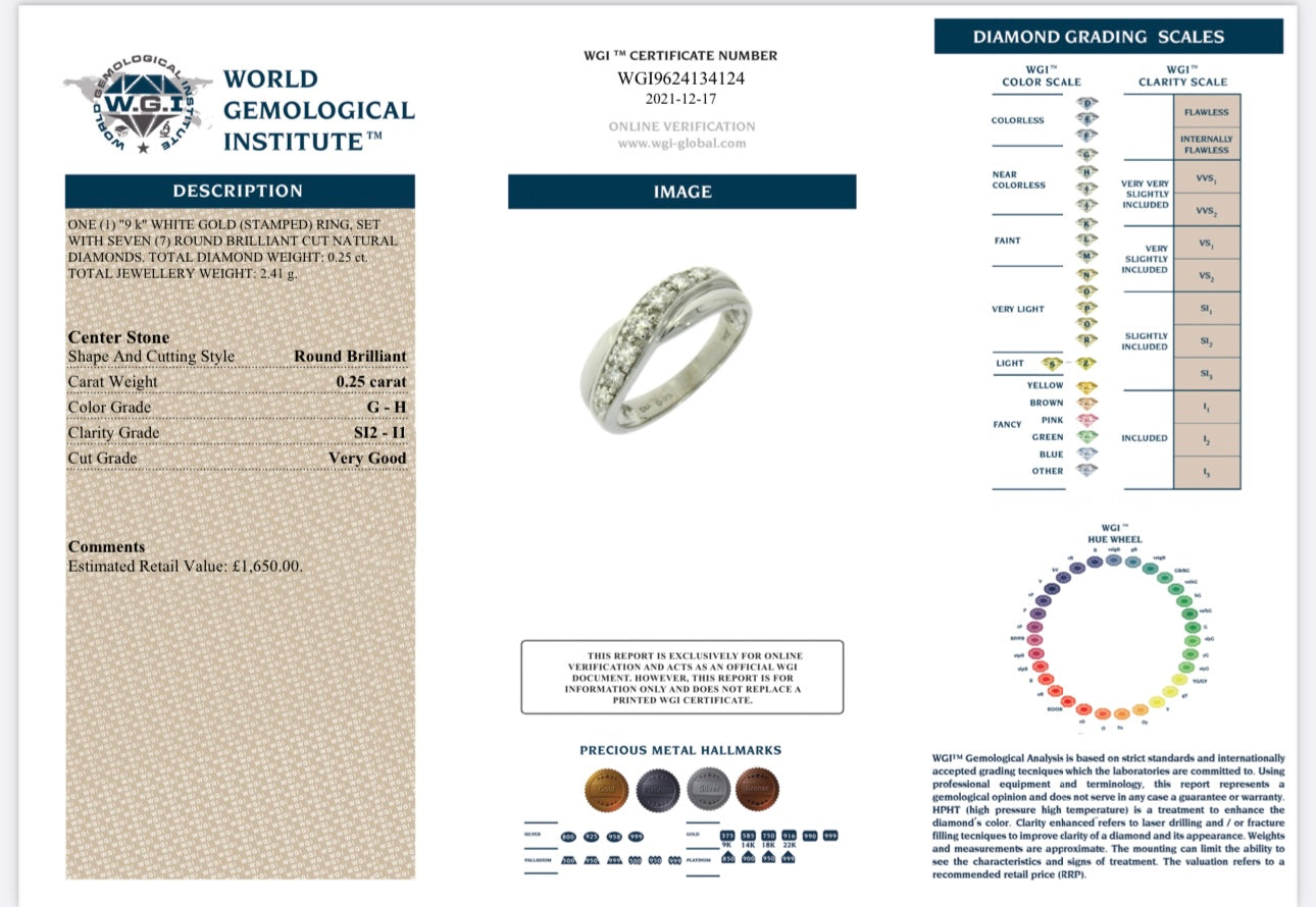 9k White Gold 0.25ct Natural Diamond Half Eternity Ring certified