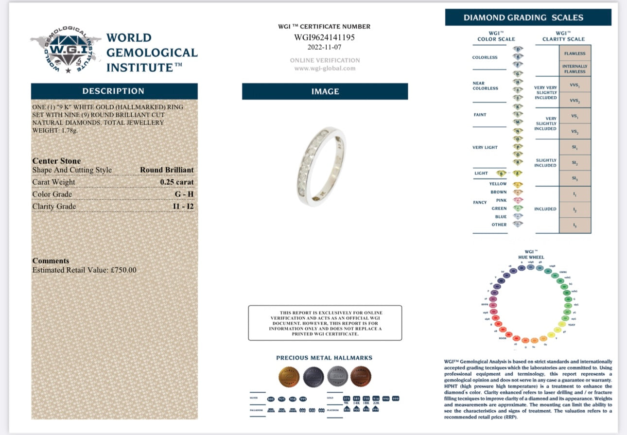 9k White Gold 0.25ct Natural Diamond Half Eternity Ring certified