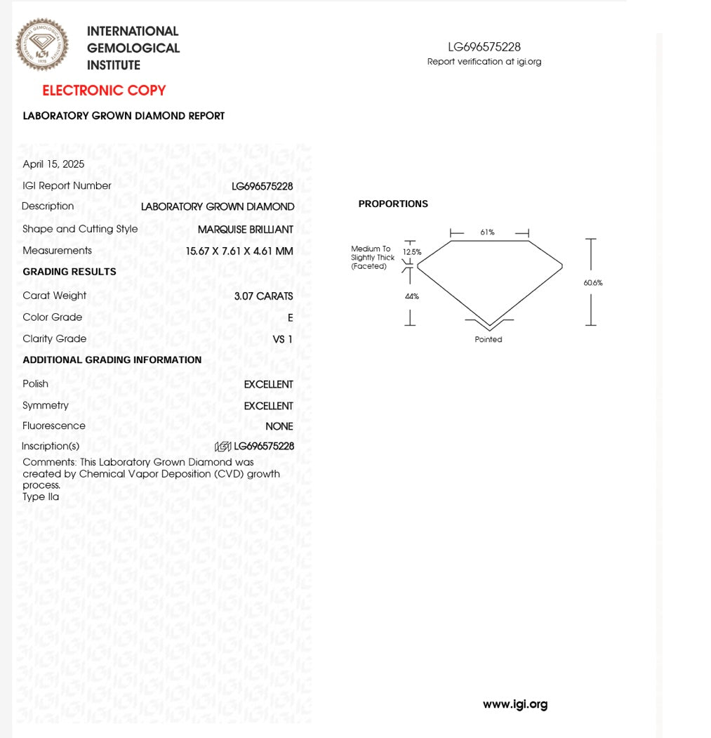 Platinum 3.07ct Marquise Brilliant Cut Lab-Grown Diamond Solitaire Ring – IGI Certified