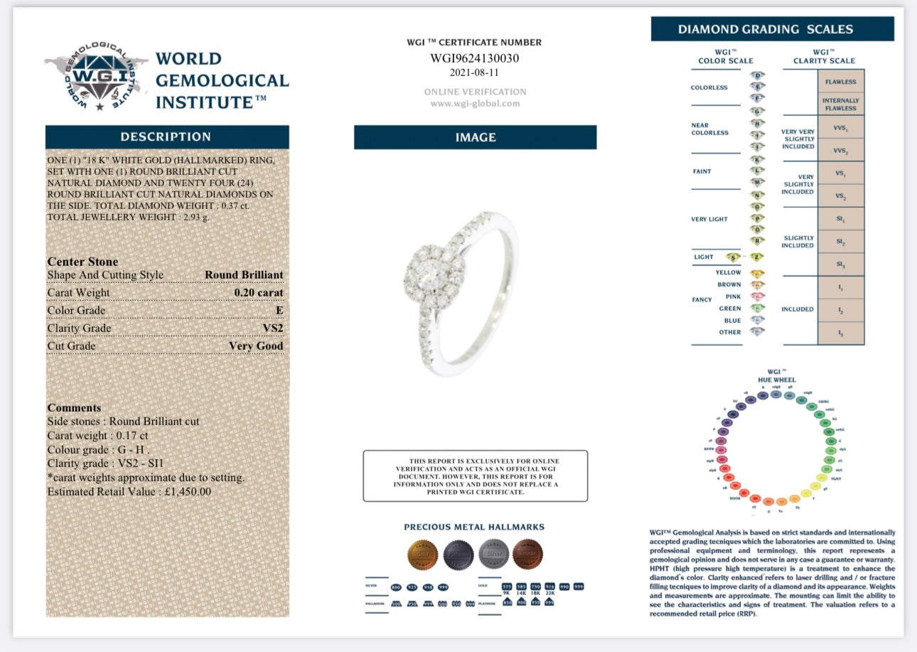 14k White Gold 0.37ct Natural Round Cut Diamond Halo Ring certified