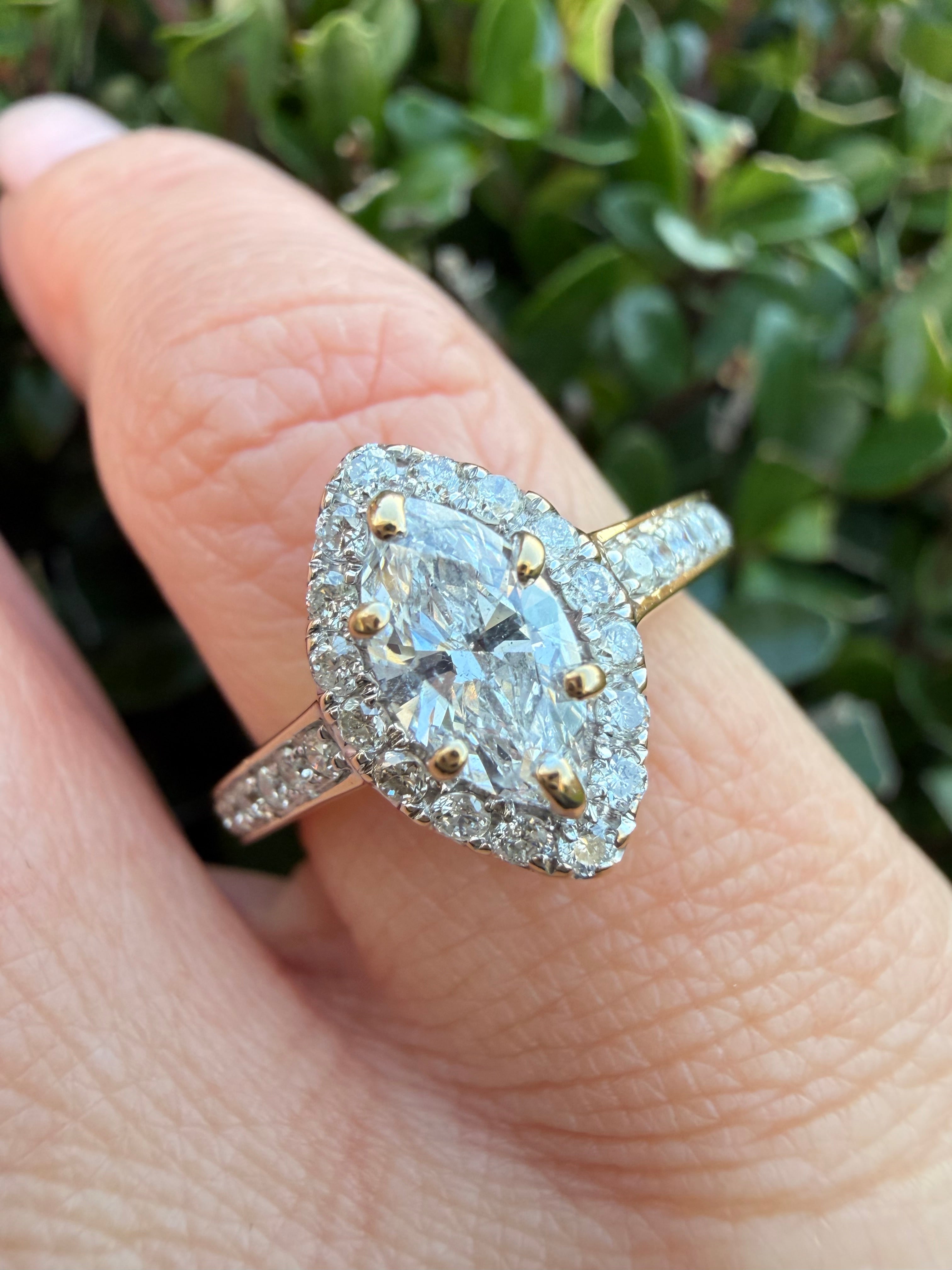 14k Yellow Gold 0.95ct Natural Marquise Cut Diamond Halo Ring certified