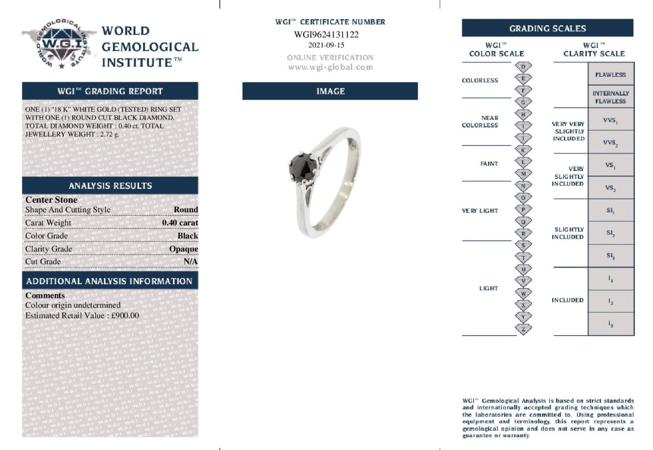 18k White Gold 0.40ct Natural Round Black Diamond Solitaire Ring certified
