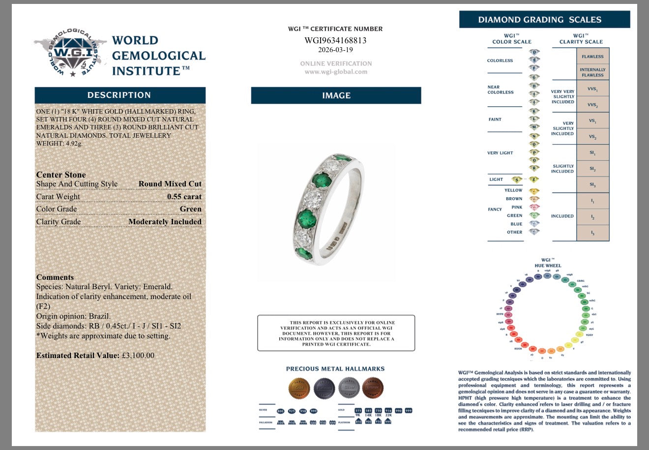 18k gold natural diamond and Natural emerald half eternity ring certified