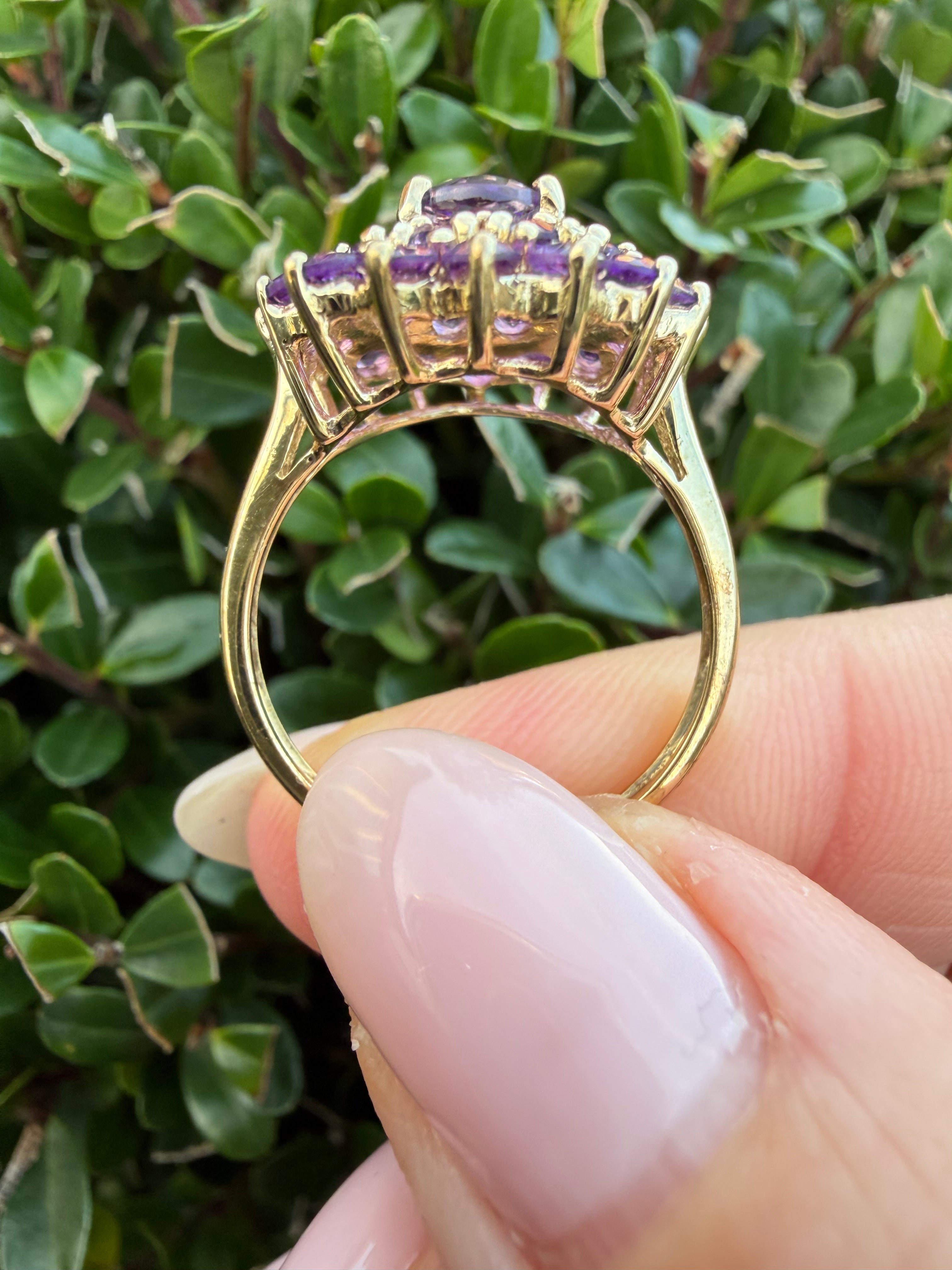 9k Gold 2.10ct Natural Amethyst Cluster Ring Certified