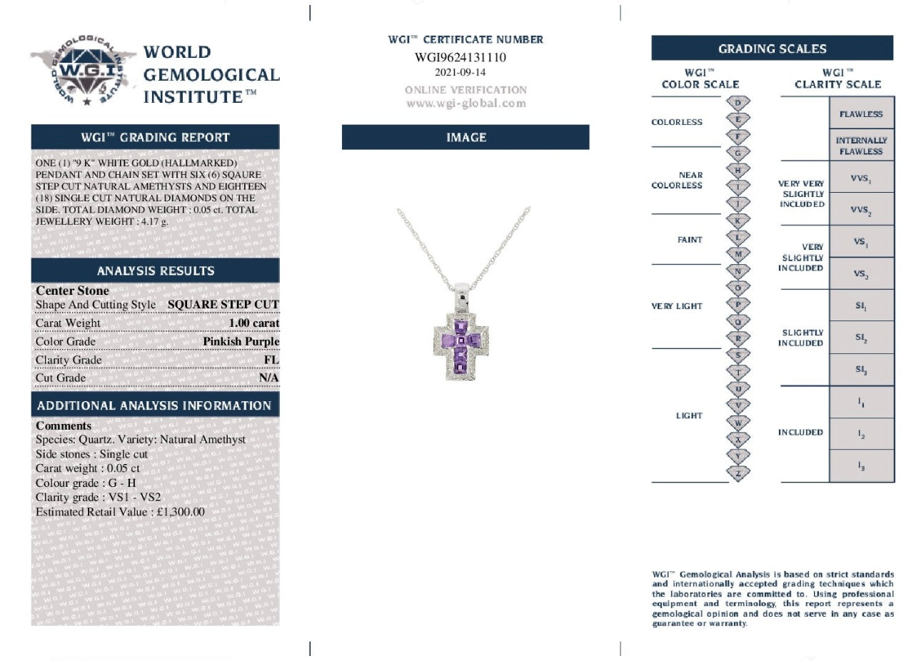 9k White Gold Natural Diamond And Amethyst Cross Pendant And Chain Set certified