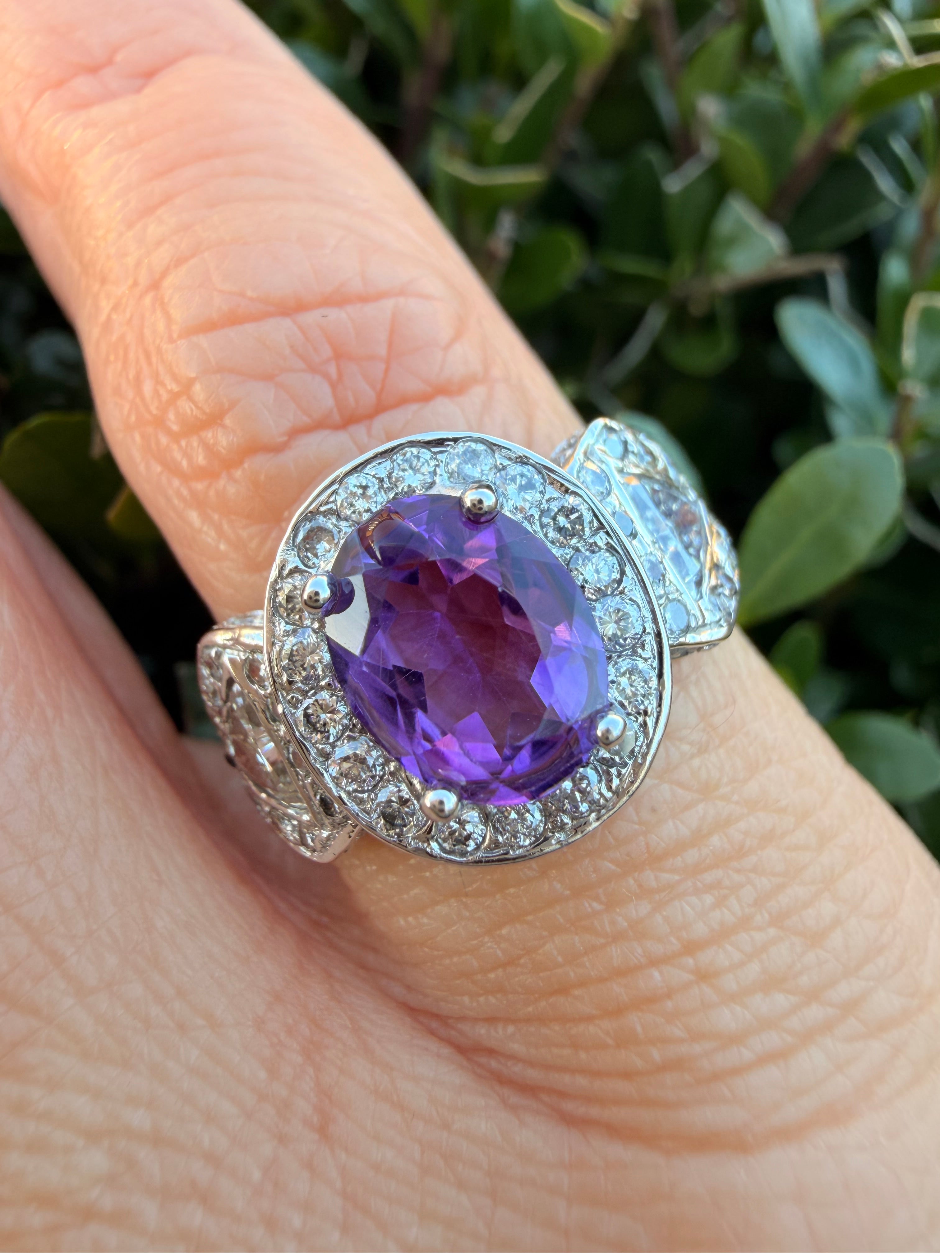 18k White Gold Amethyst And 1.30ct Natural Diamond Ring certified